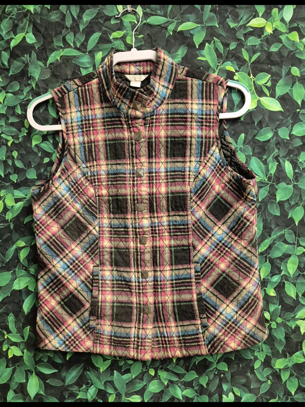 Christopher & Banks Pink Multi Plaid Quilted Vest